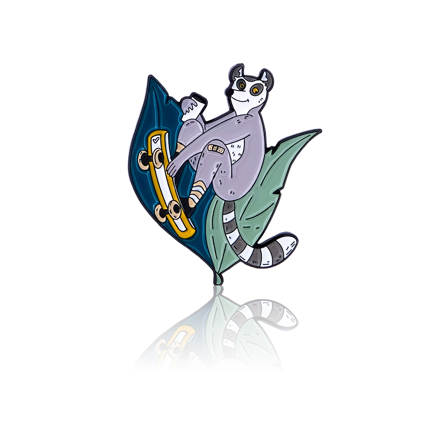 Enamel pin, lemur pattern on a skateboard.