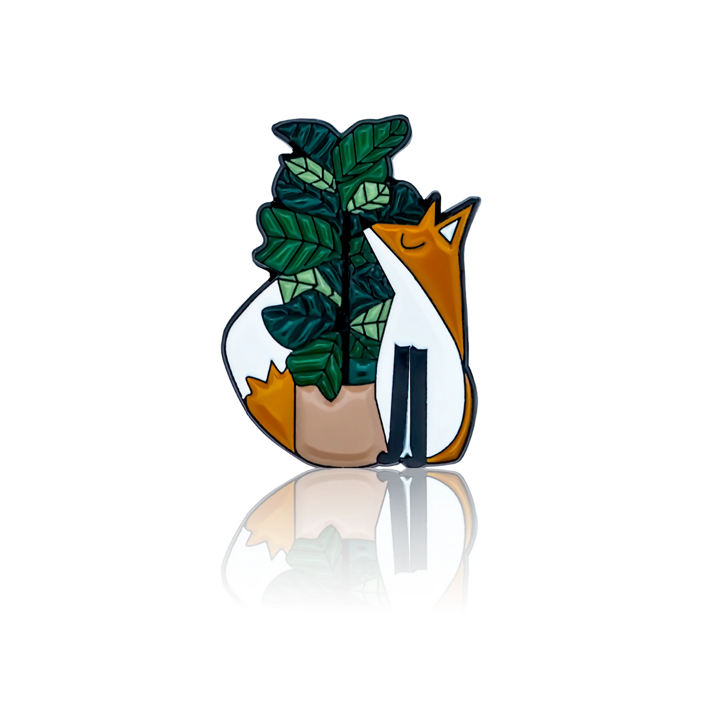 Enamel pin, foxes and plant design.