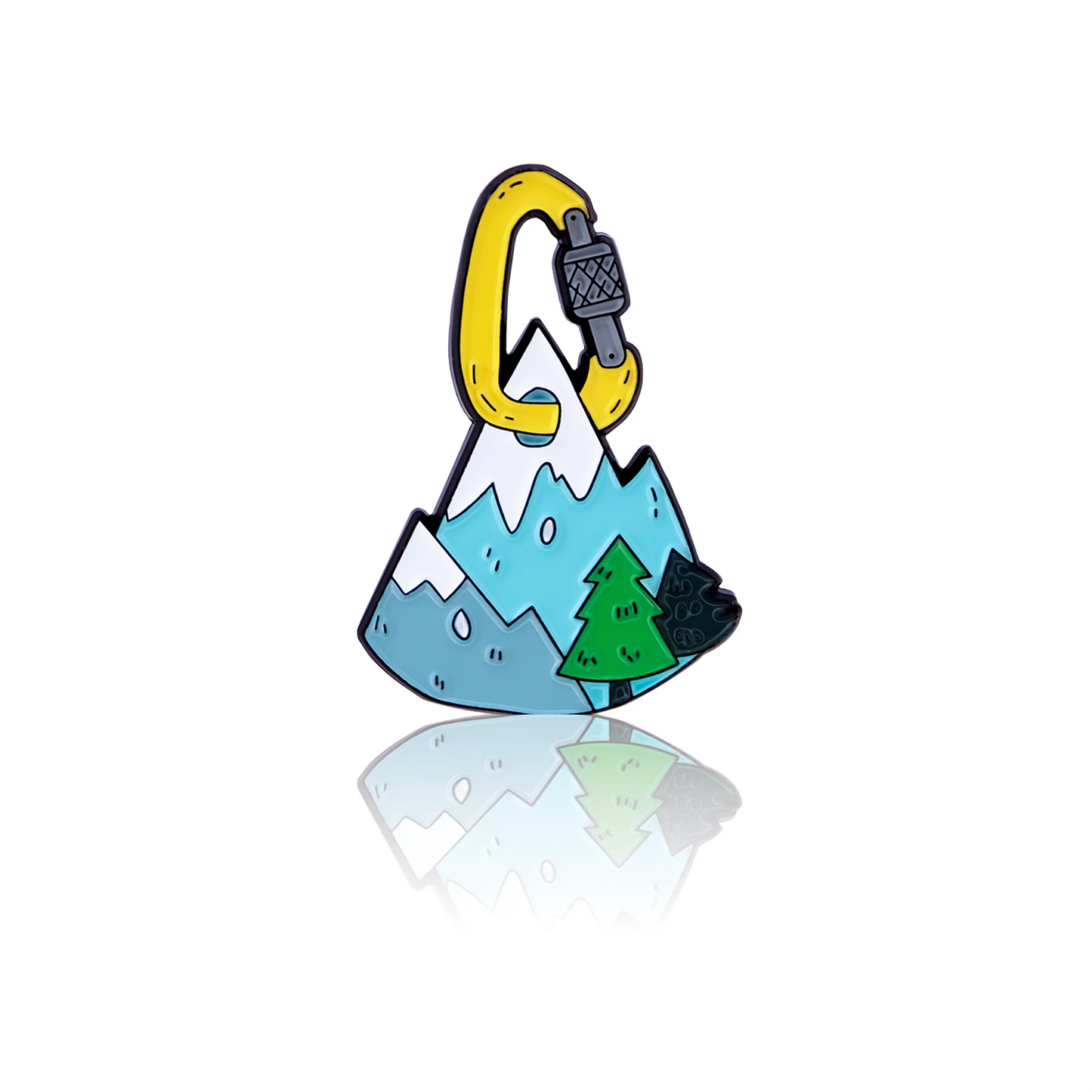 Enamel pin, mountain design, attached to a carabiner.