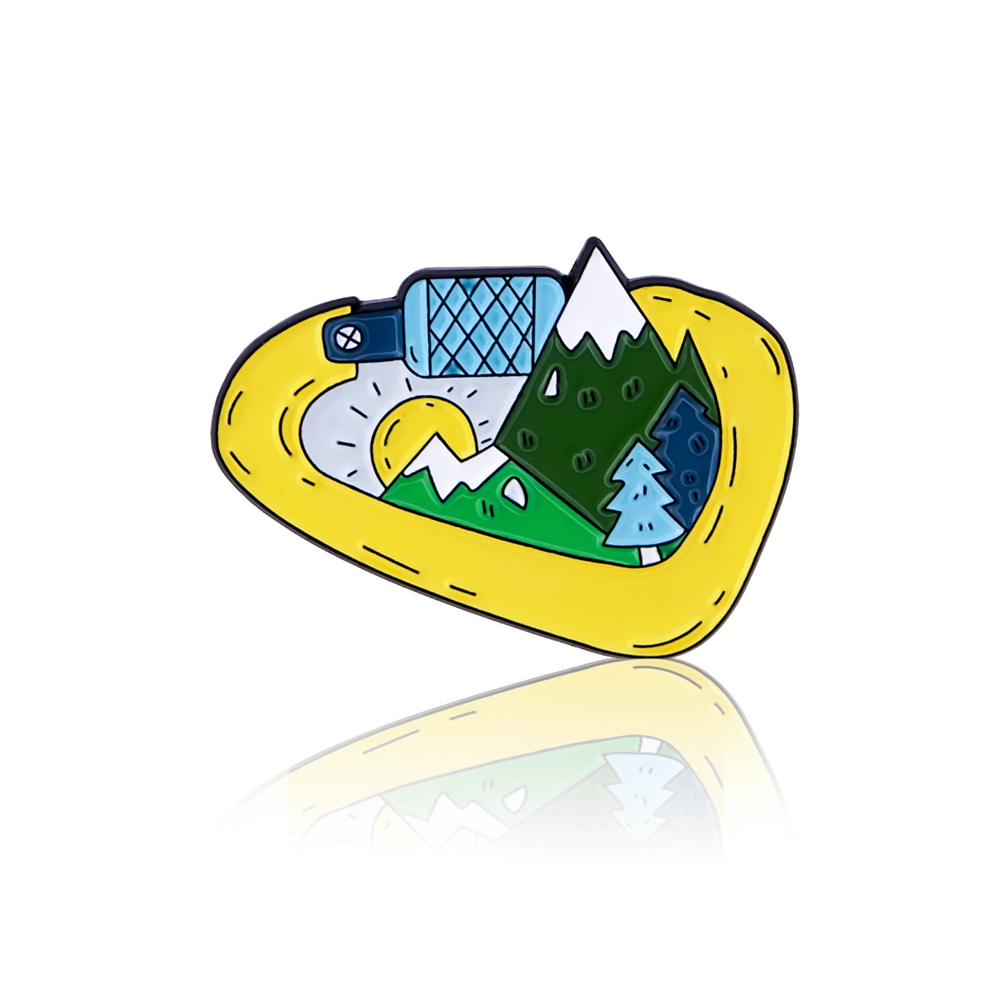 Enamel pin, mountain pattern enclosed in a carabiner.