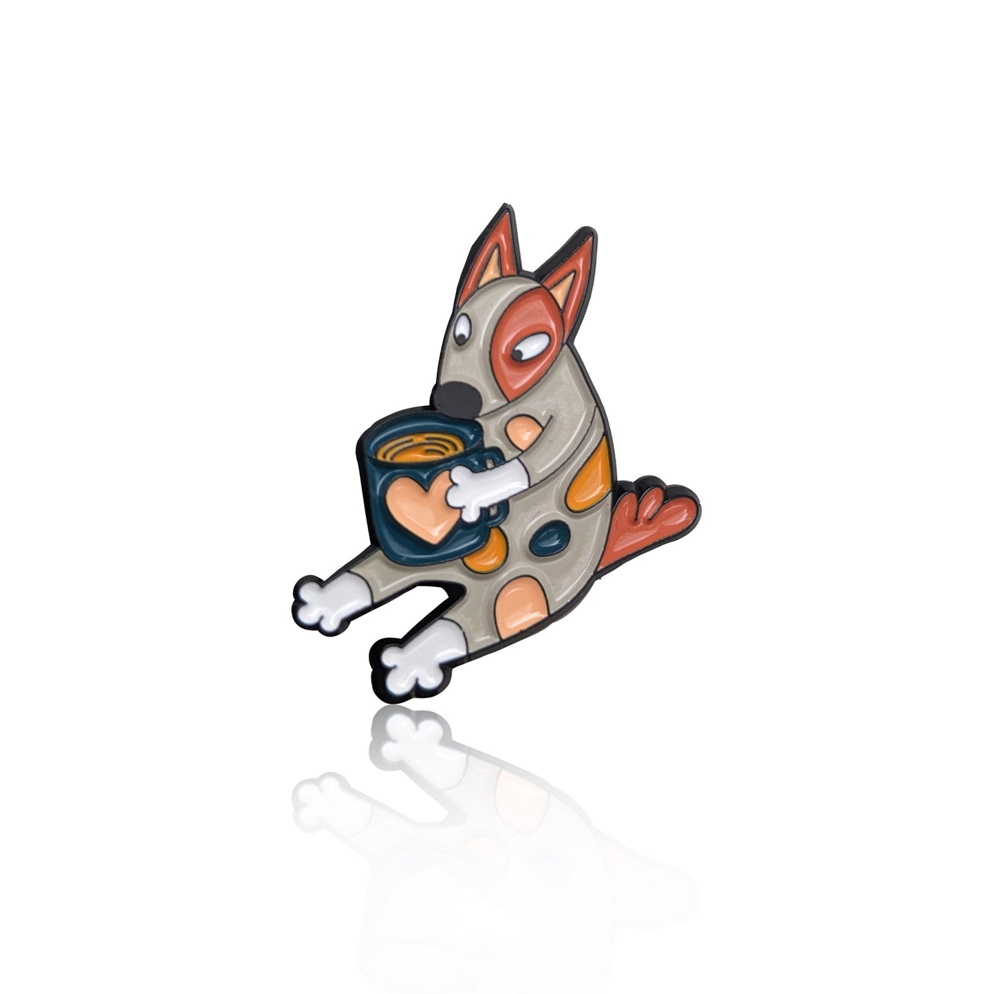 Grey dog is holding mug of coffee enamel pin