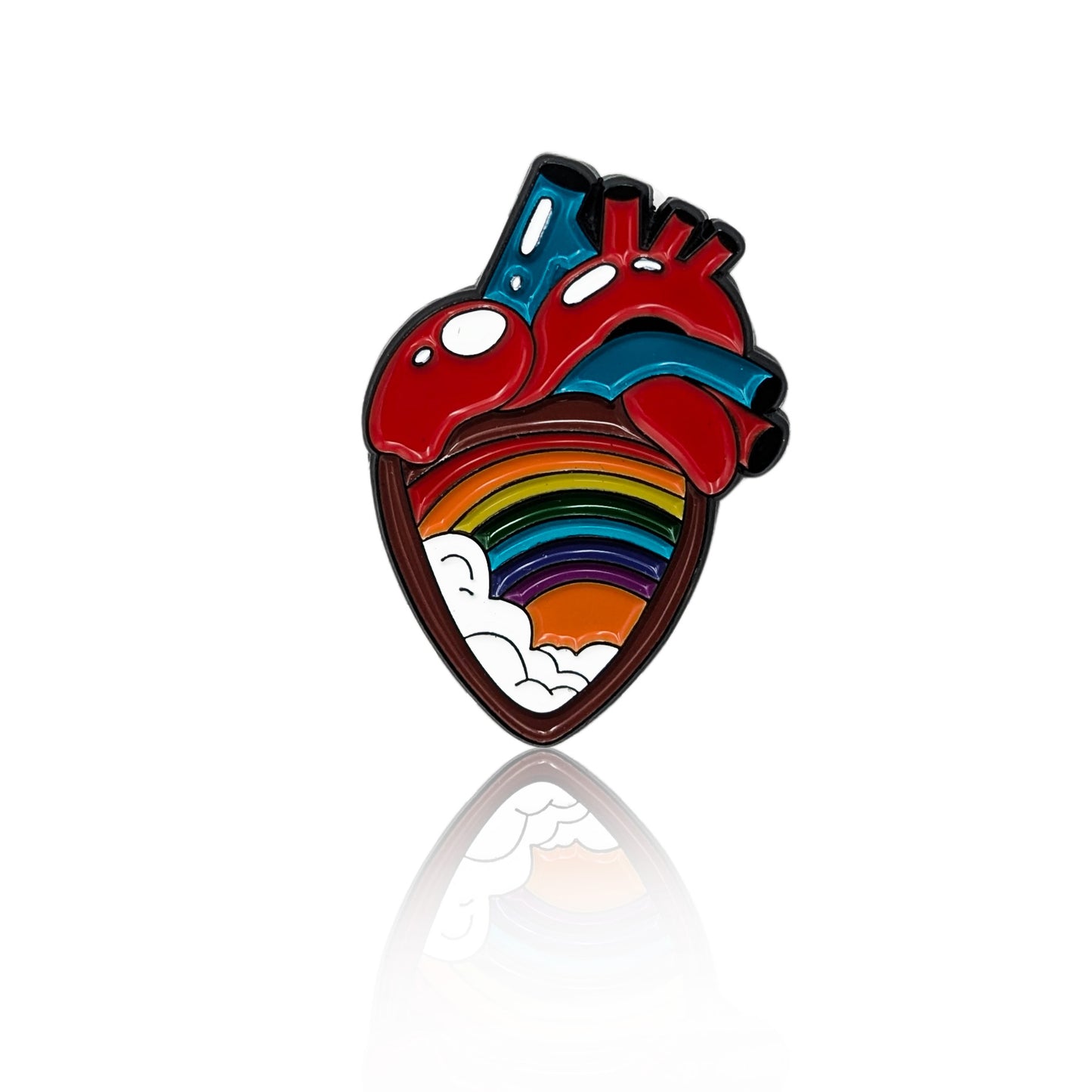 Anatomical heart enamel pin with rainbow stripes and clouds inside