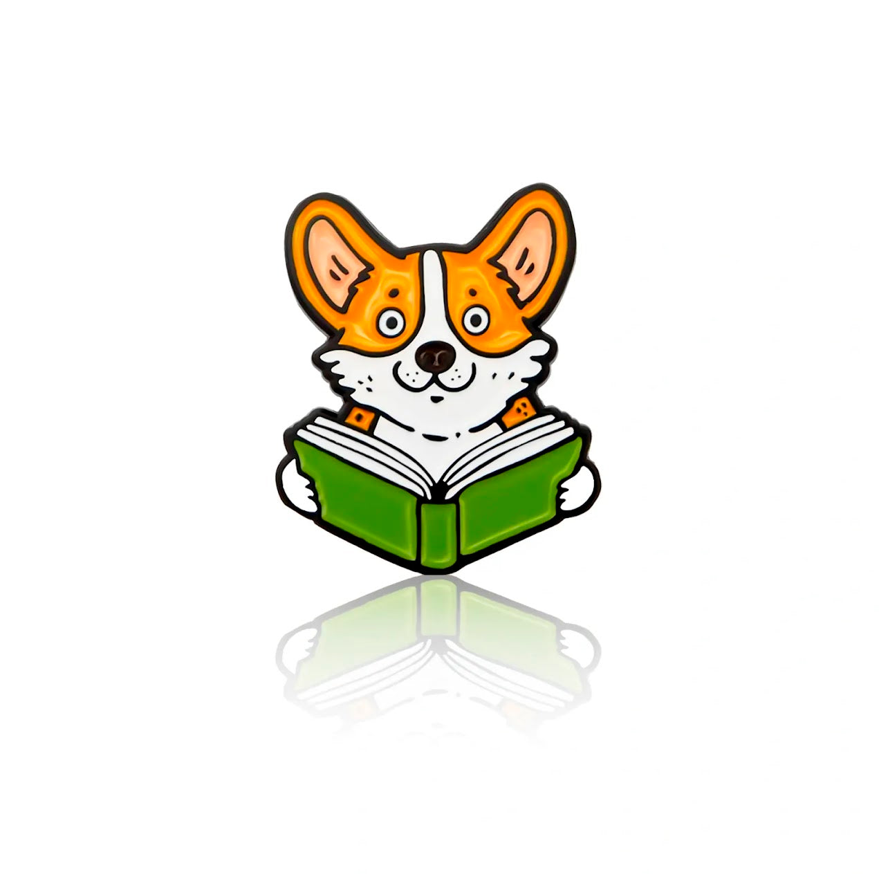 Corgi dog with green book enamel pin