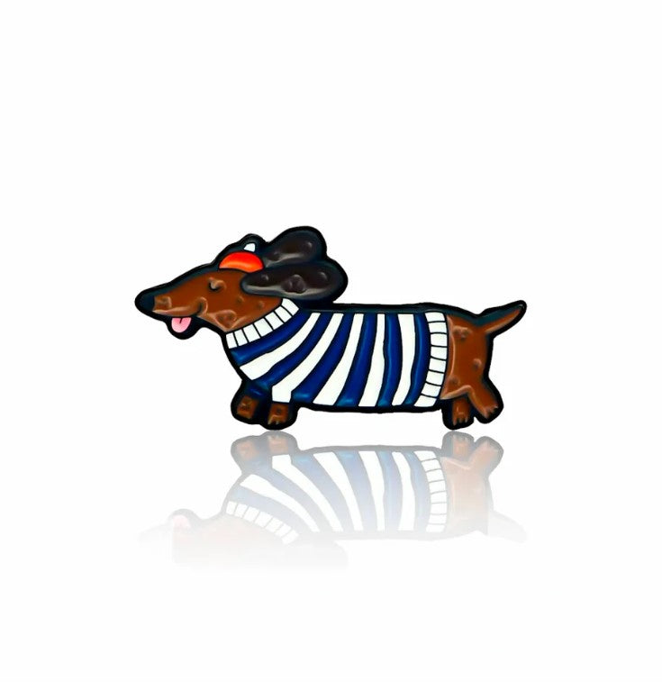 Dachshund in a sweater enamel pin in Canada