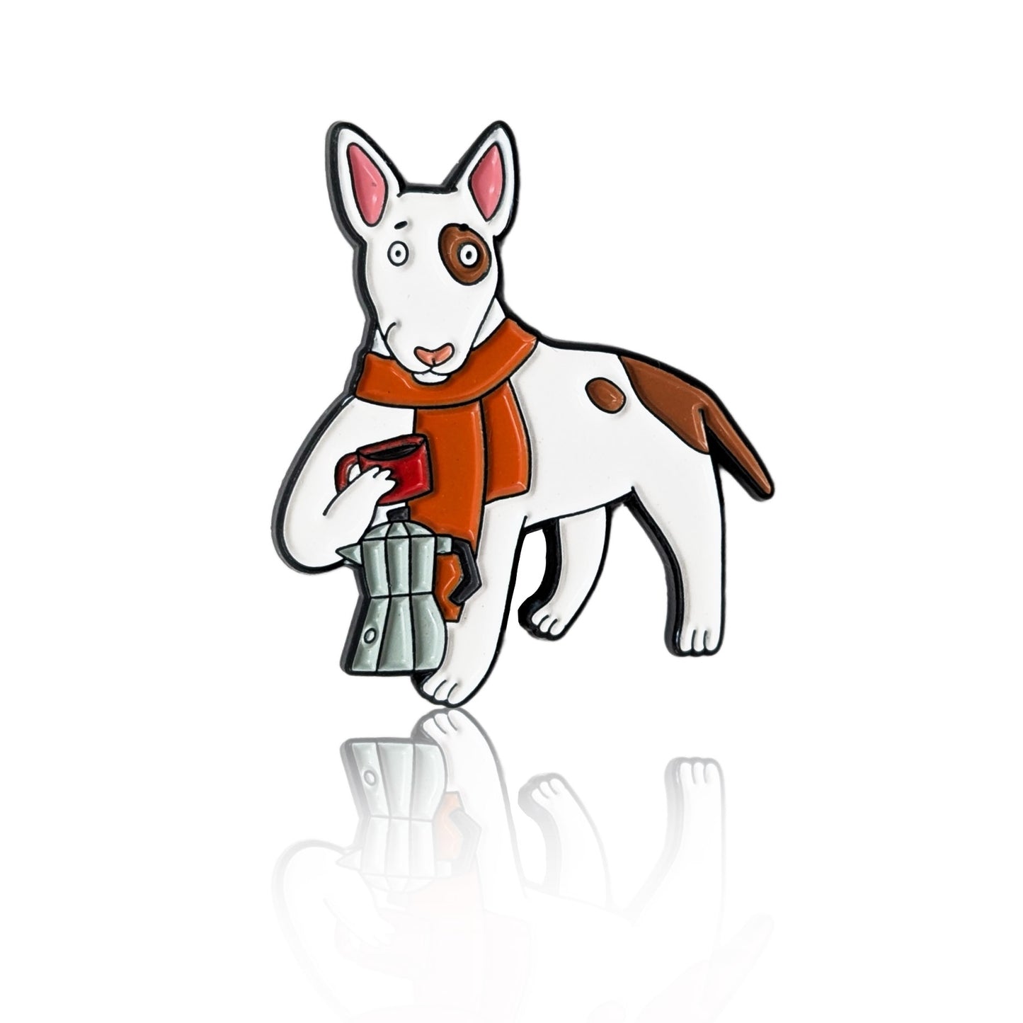 Enamel pin of a cartoon Bull Terrier wearing a scarf and holding a moka pot and red coffee cup