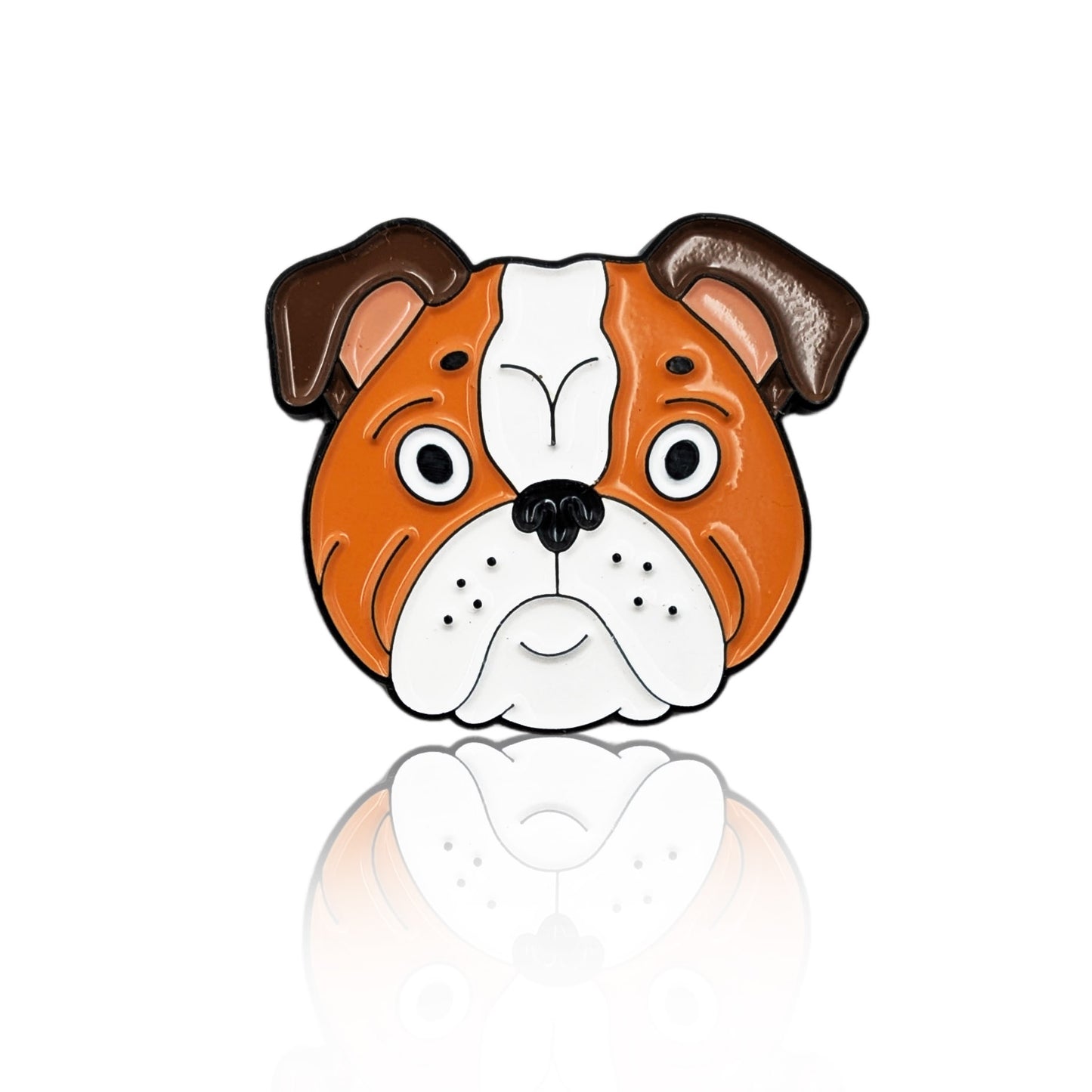 Enamel pin of a cartoon English Bulldog face with brown ears and big eyes
