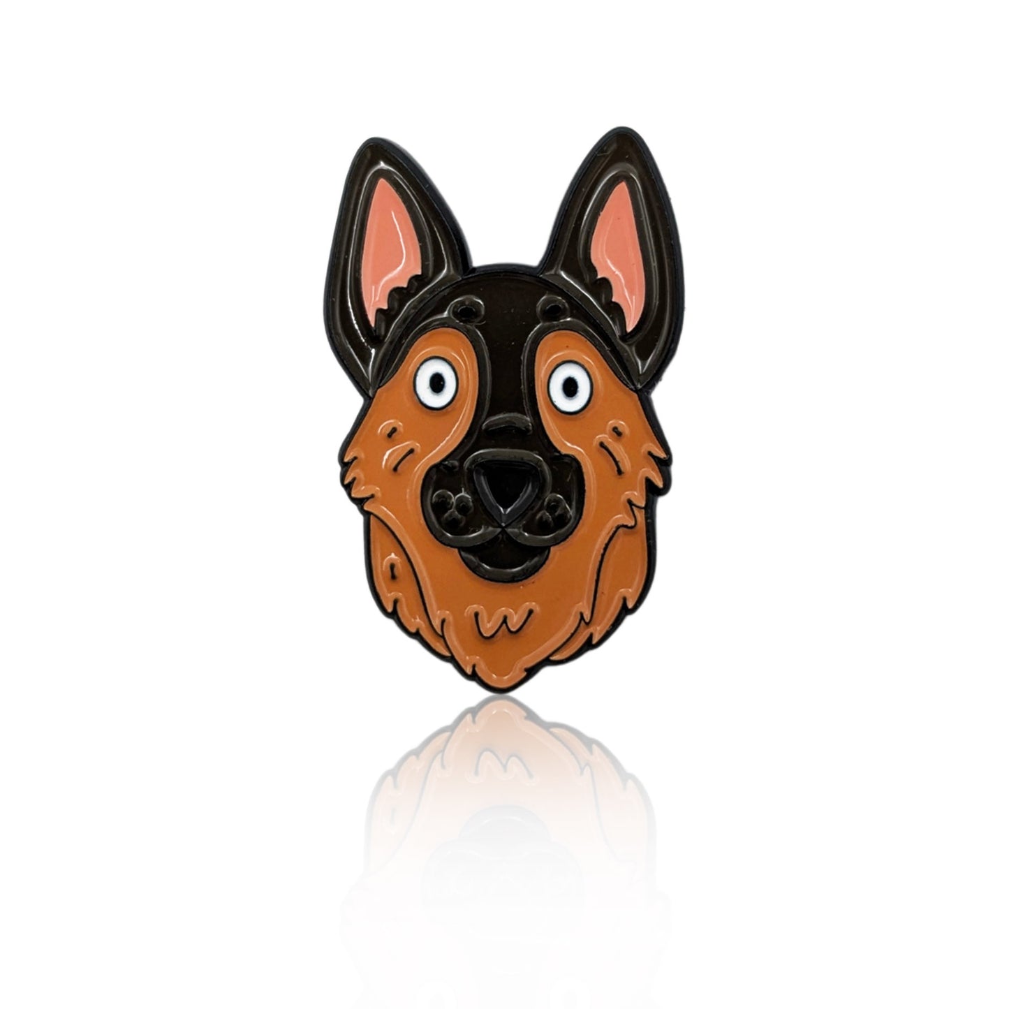 Enamel pin of a cartoon German Shepherd head with large ears and wide eyes