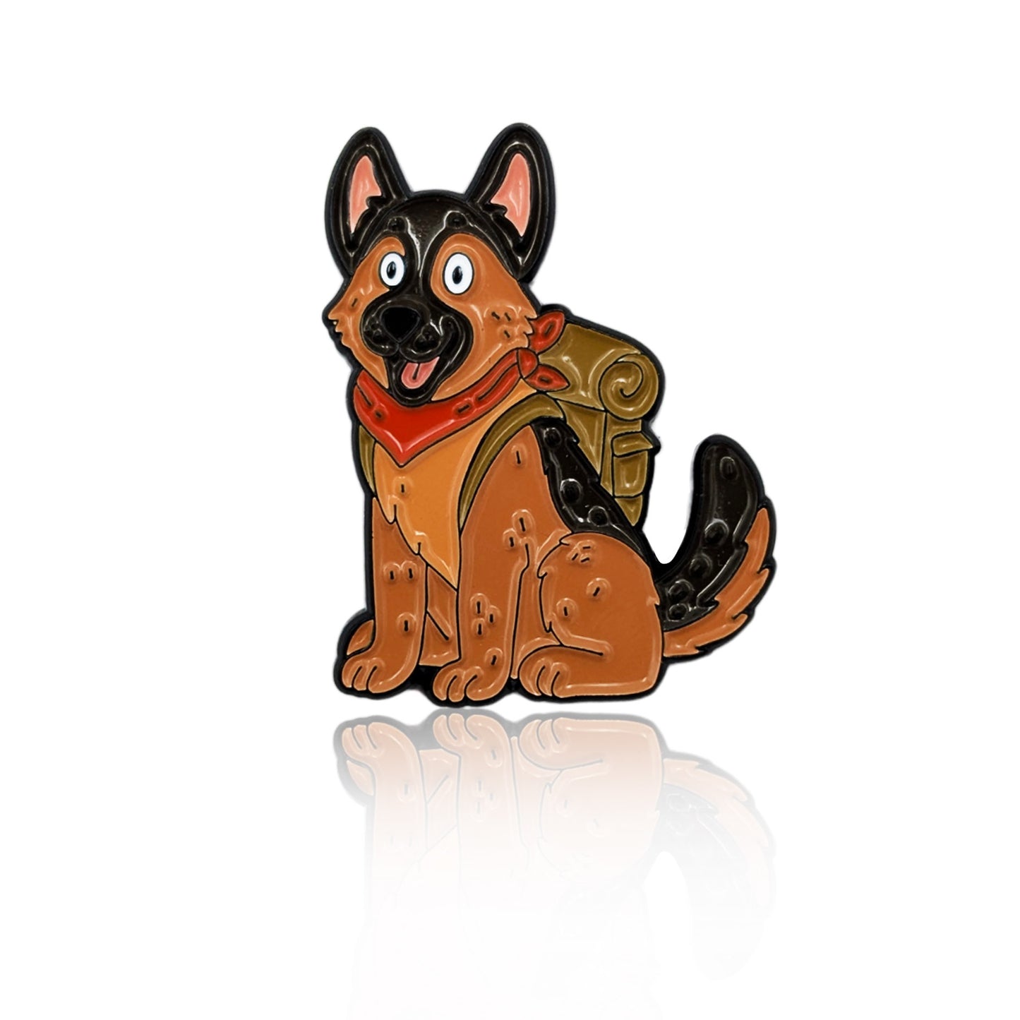 Enamel pin of a cartoon German Shepherd with a green backpack and red bandana