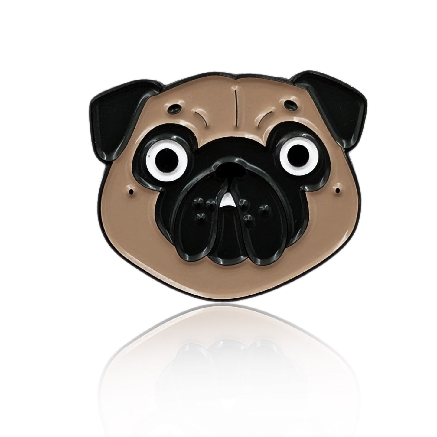 Enamel pin of a cartoon Pug face with wide eyes and wrinkled features