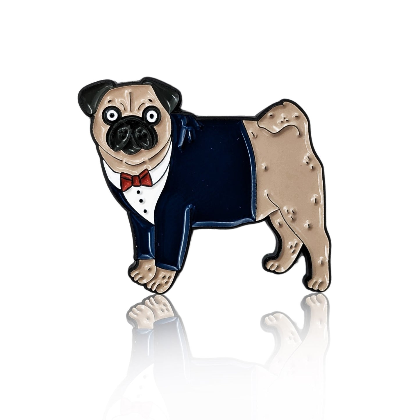 Enamel pin of a cartoon Pug in a tuxedo with a red bowtie
