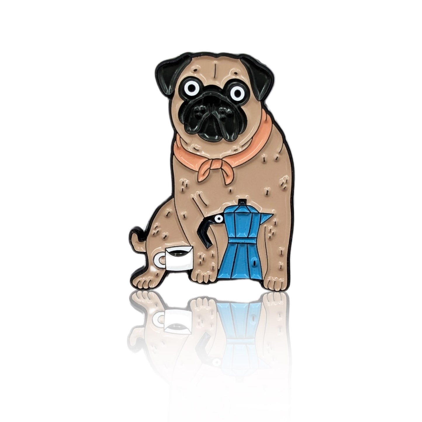 Enamel pin of a cartoon Pug with a moka pot, coffee cup, and orange bandana