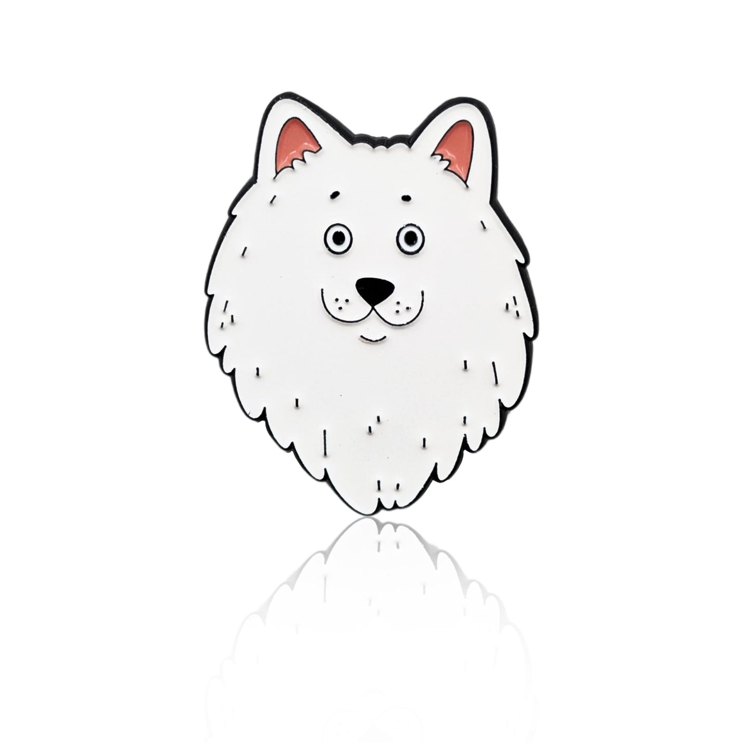 Enamel pin of a cartoon Samoyed dog face with fluffy fur and upright ears