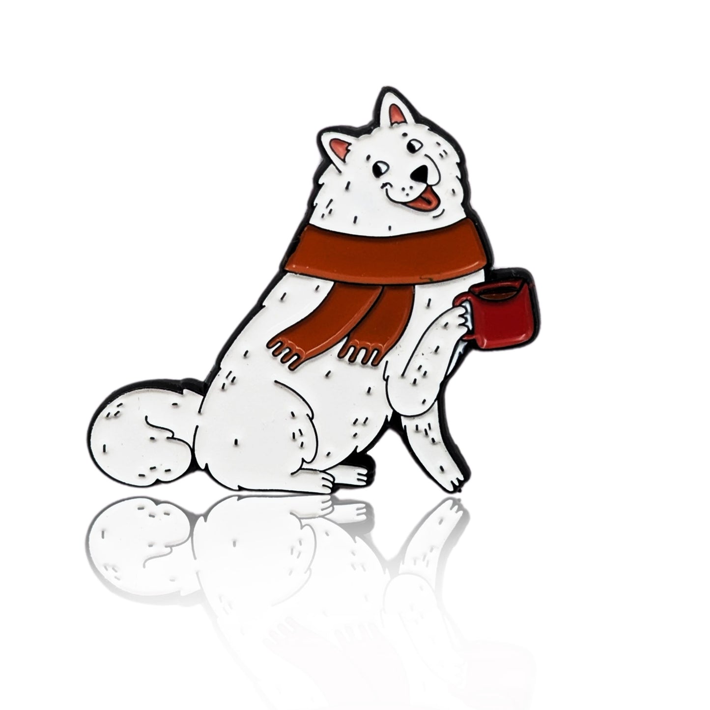 Enamel pin of a cartoon Samoyed wearing a scarf and holding a red mug