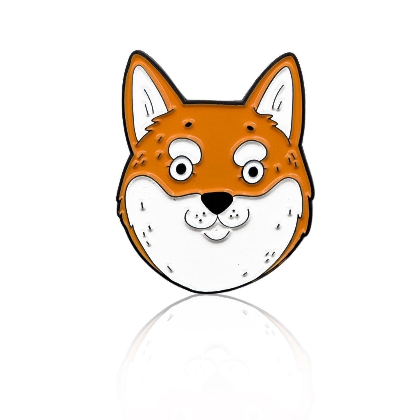 Enamel pin of a cartoon Shiba Inu face with round cheeks and big eyes