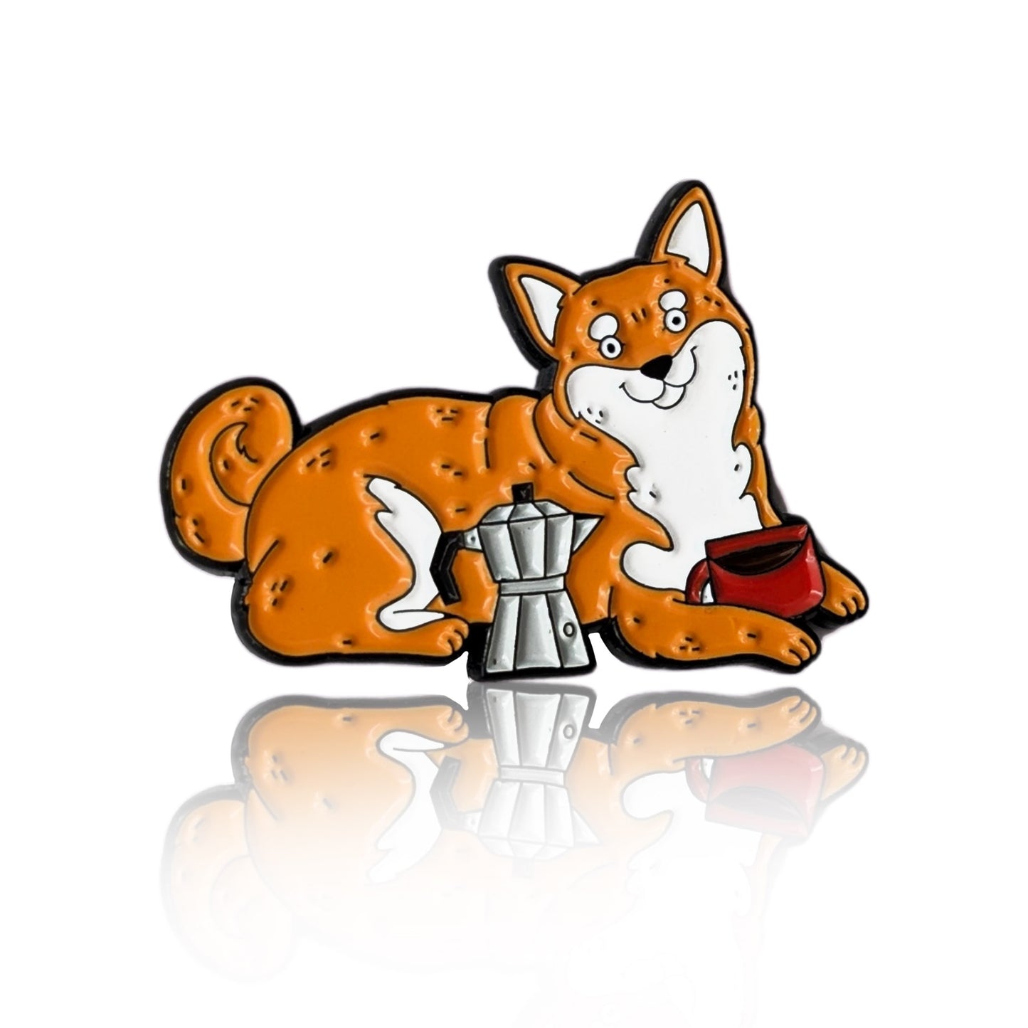 Enamel pin of a cartoon Shiba Inu lying down with a moka pot and red coffee cup