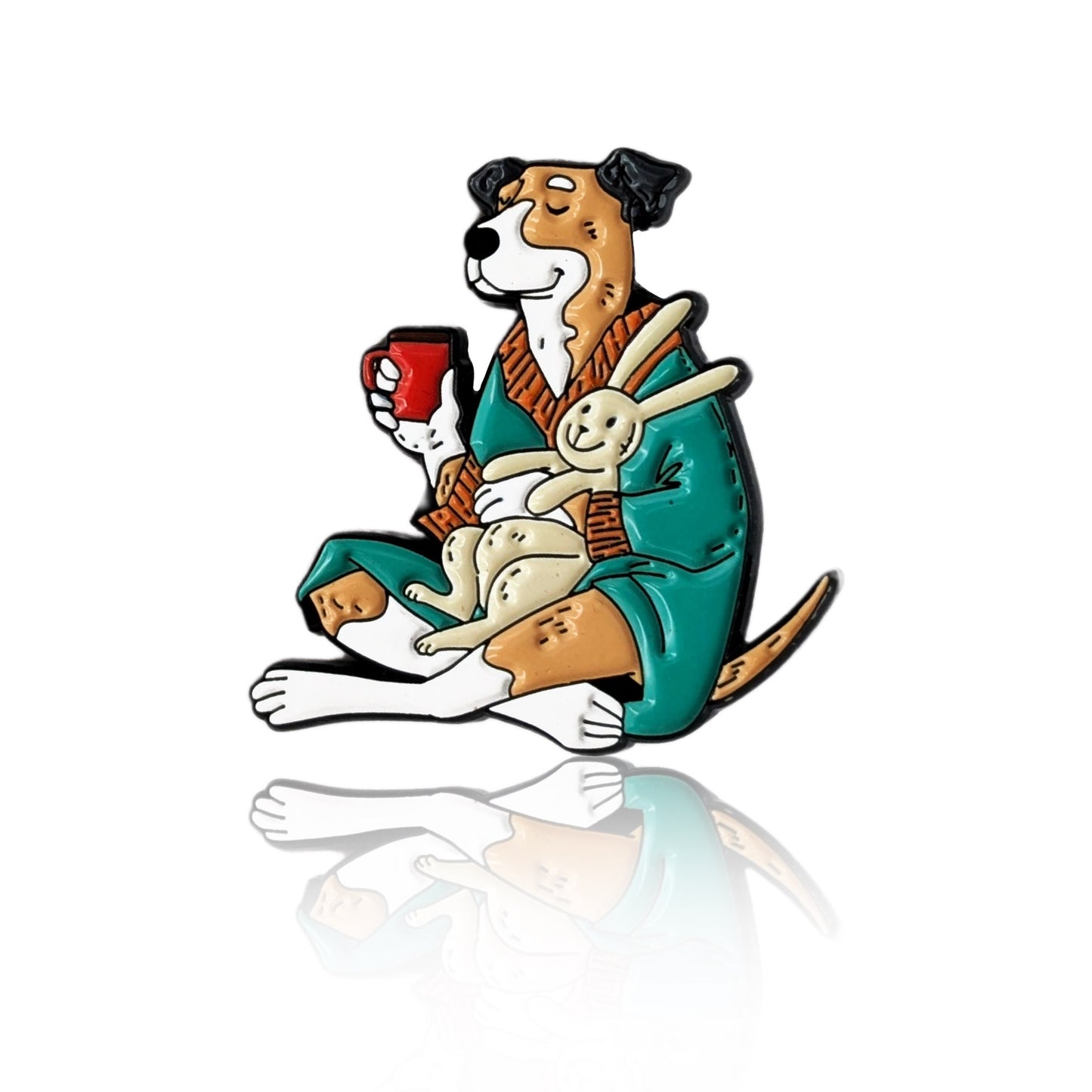 Enamel pin of a cartoon dog in a robe holding a stuffed bunny and red mug