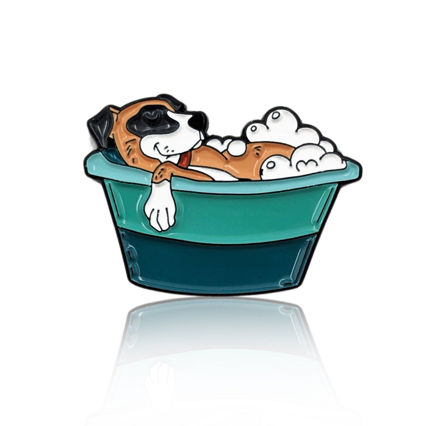 Enamel pin of a cartoon dog relaxing in a bubble bath in a green tub