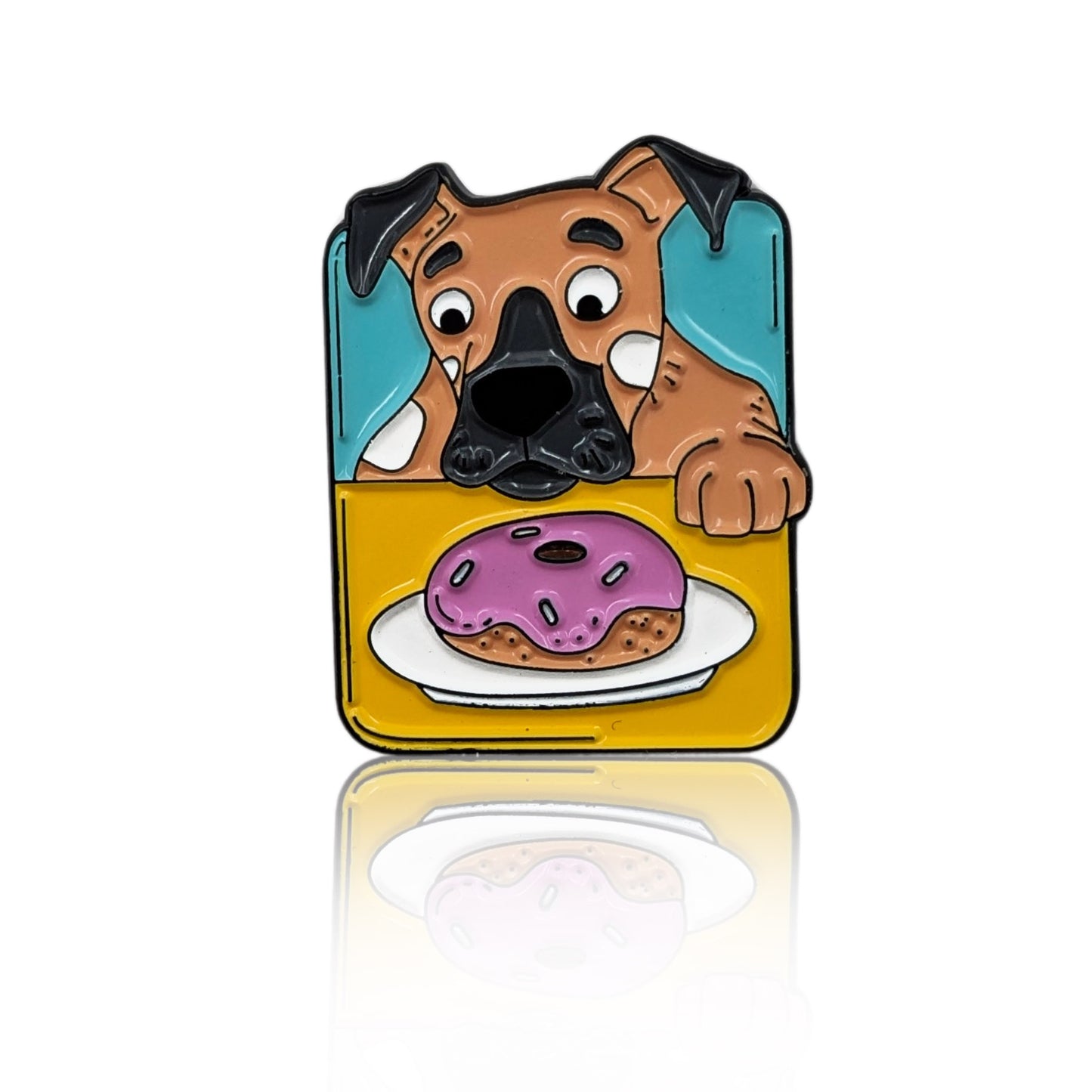 Enamel pin of a cartoon dog staring at a pink-frosted donut on a plate