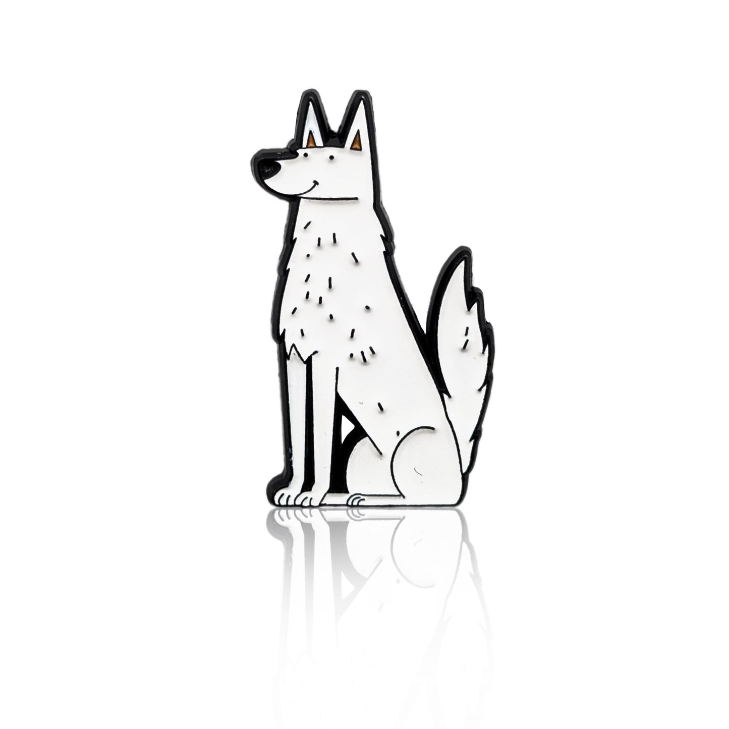Enamel pin of a tall white cartoon dog with pointed ears and a fluffy tail