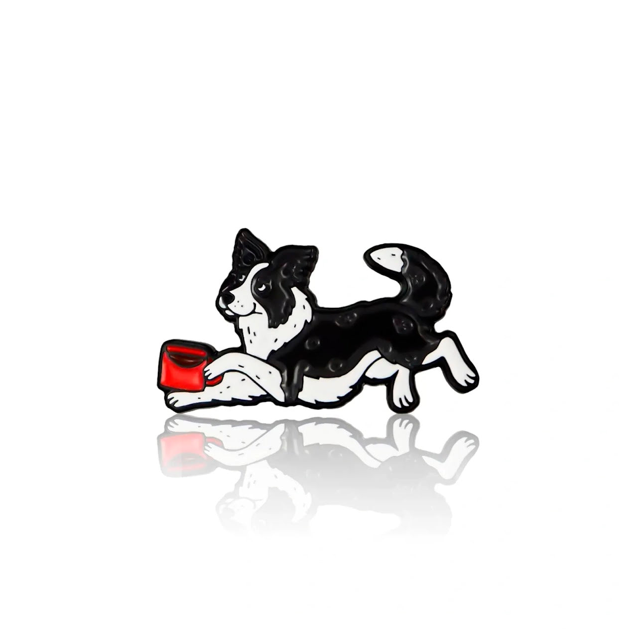 Playful Border Collie with Mug enamel pin in Canada