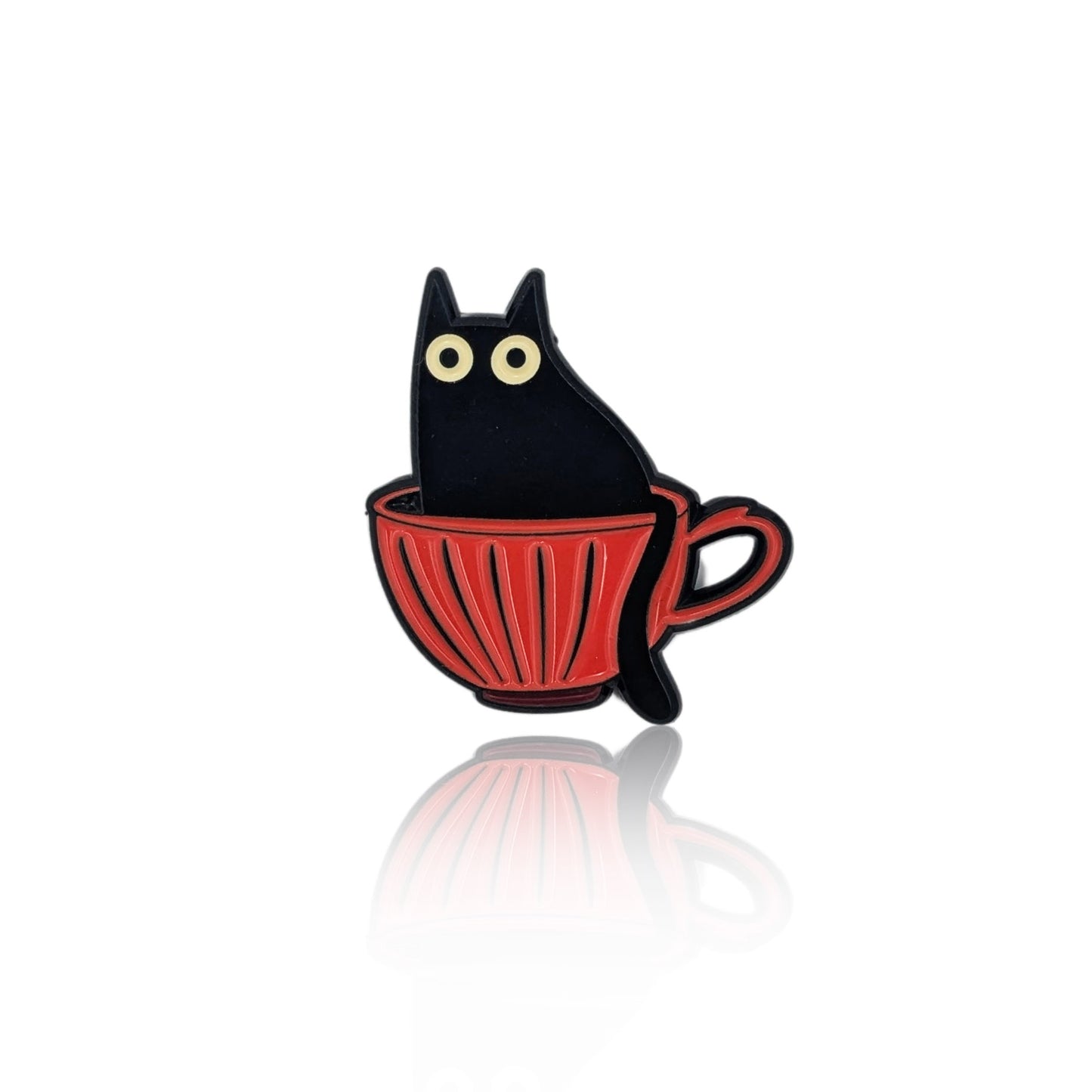 Black cat in red mug enamel pin