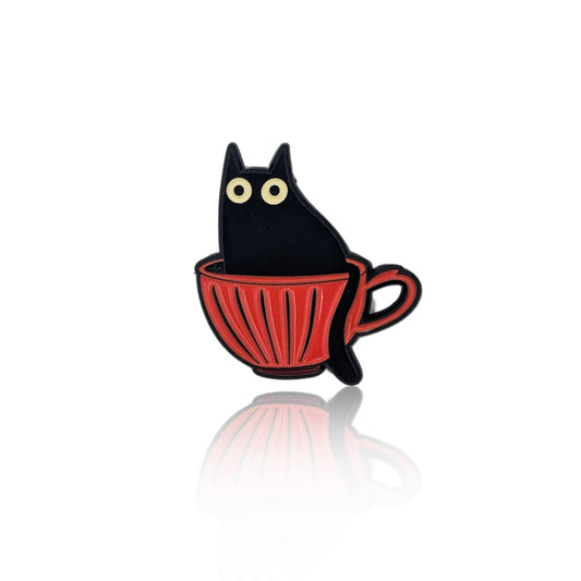 Black cat in red mug enamel pin
