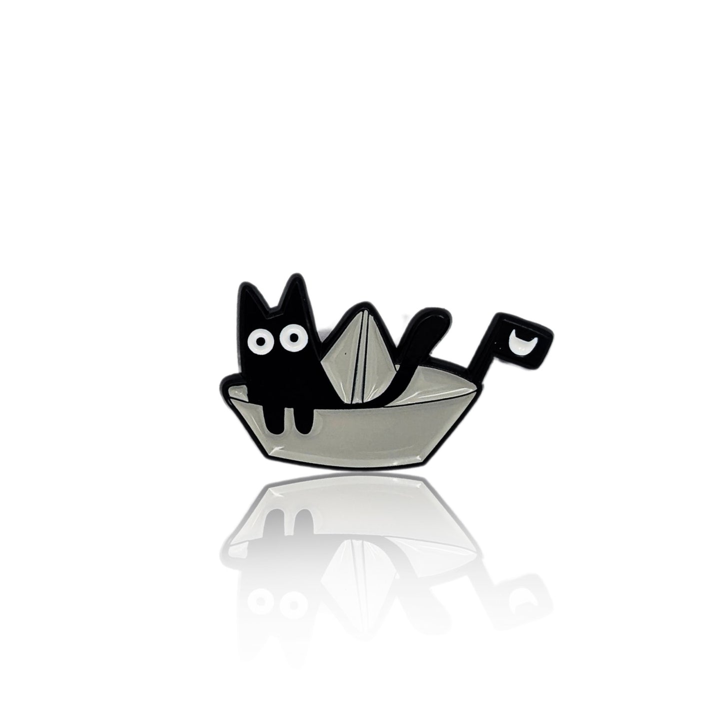 Enamel pin of black cat in sailboat, free shipping across Canada