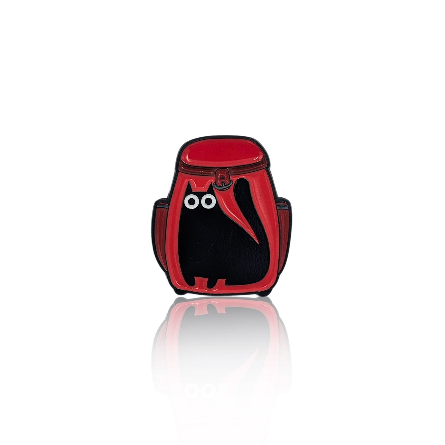 Black cat in backpack enamel pin