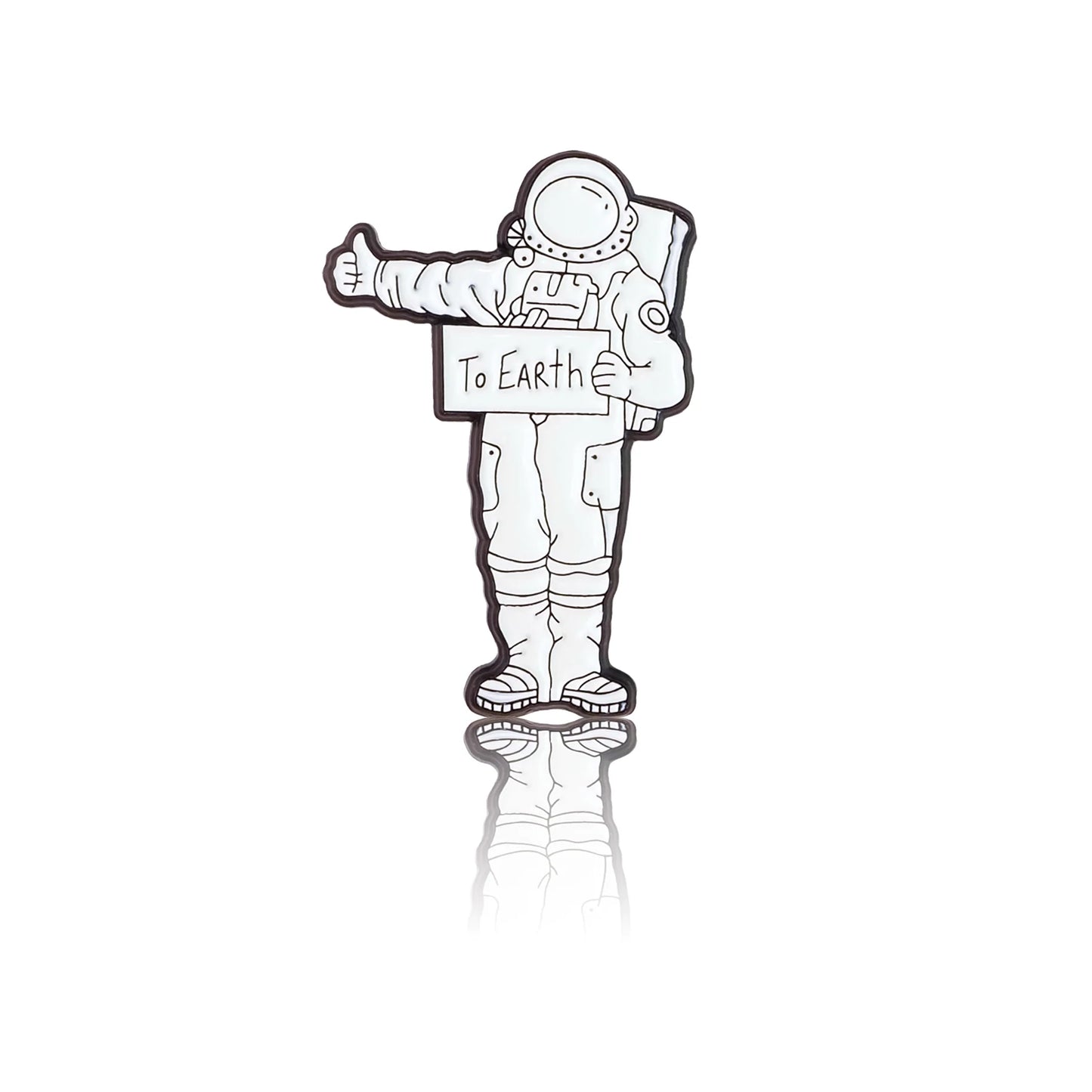 astronaut-hitchhiker with a sign saying "Earth" enamel pin