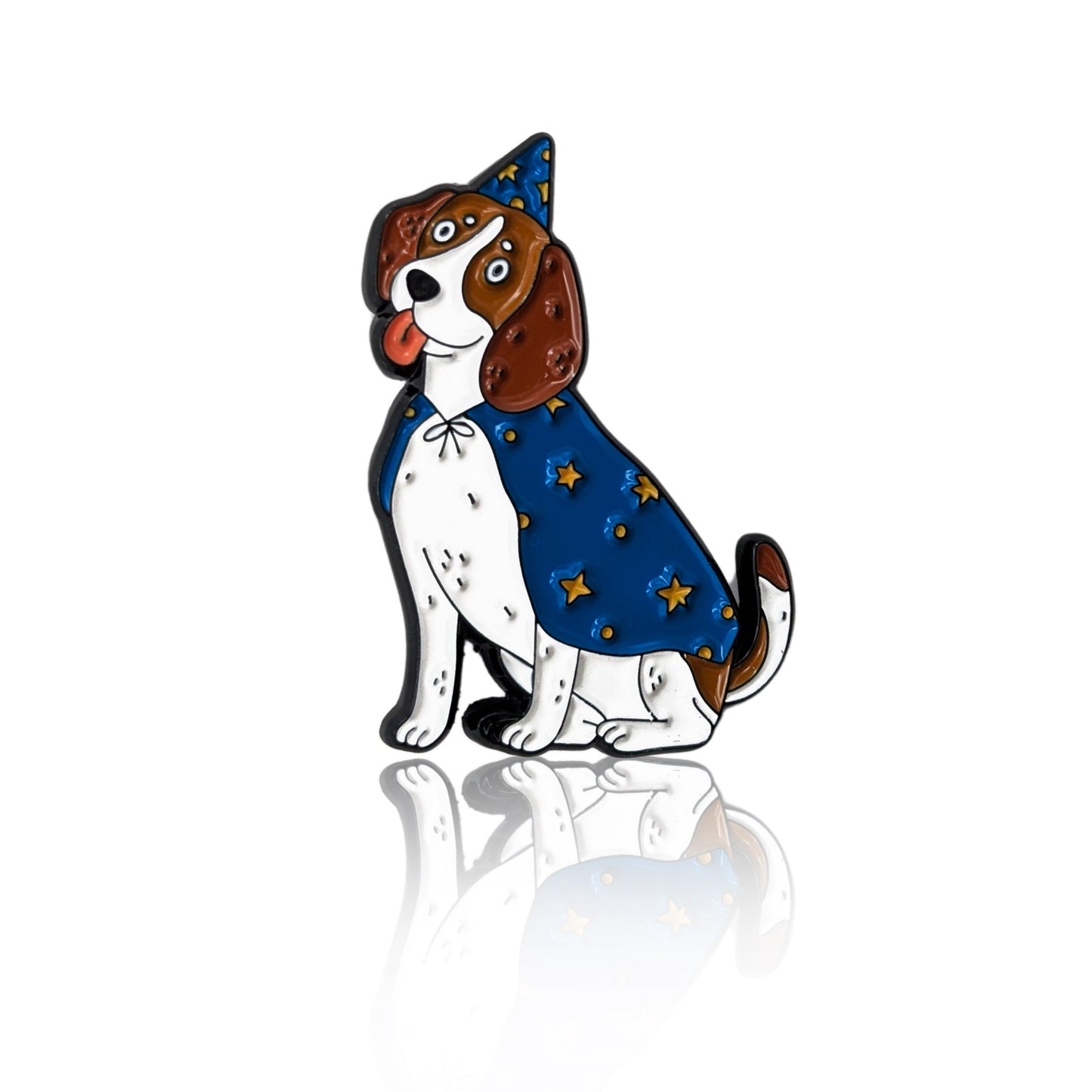 enamel pin of a cartoon dog in a blue wizard cape and hat with yellow stars