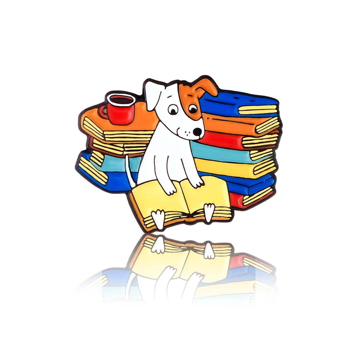 Small white Dog is reading enamel pin