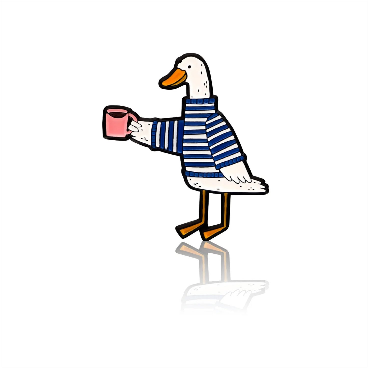 A goose in a striped sweater holding a coffee mug enamel pin