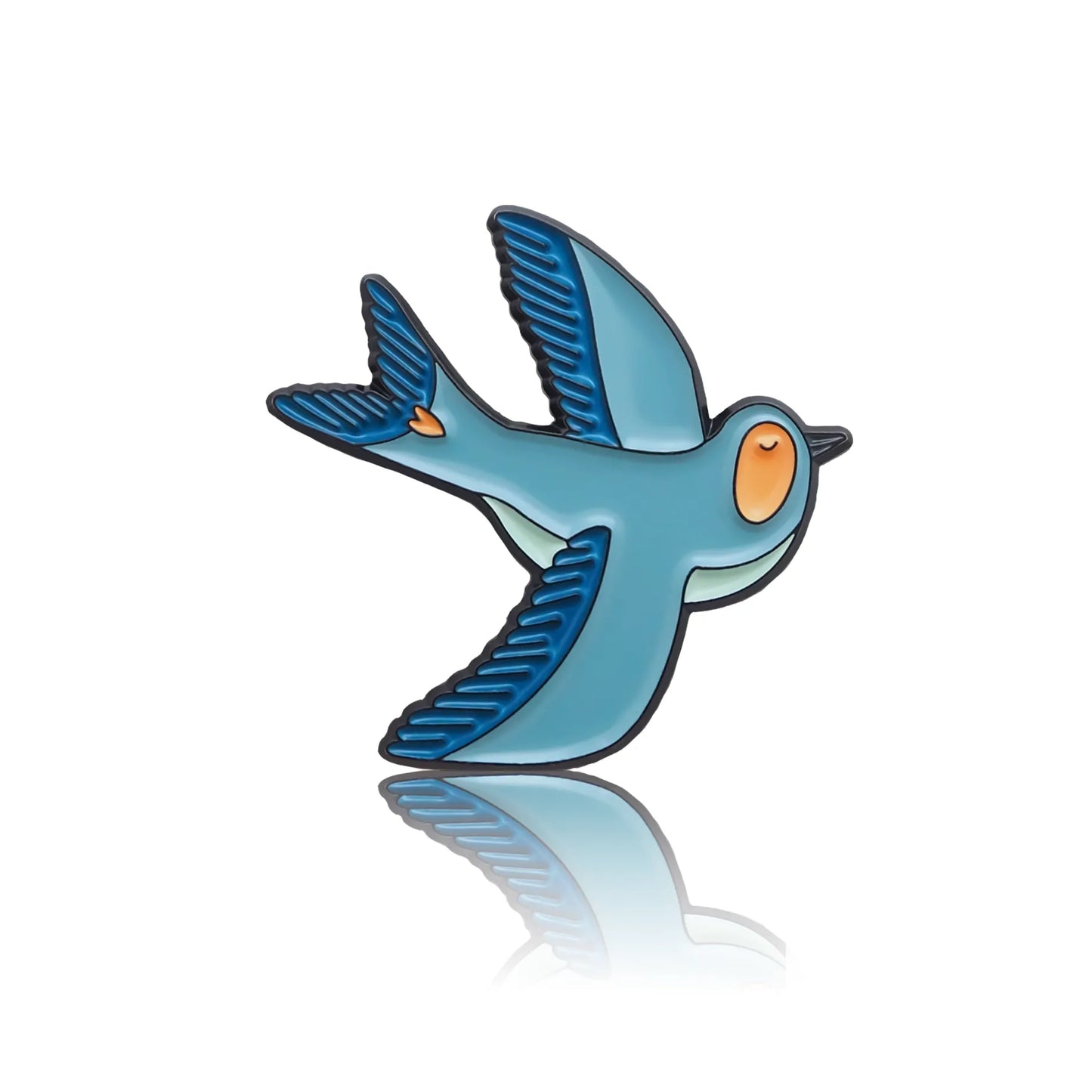 A blue bird with a small heart on its tail enamel pin