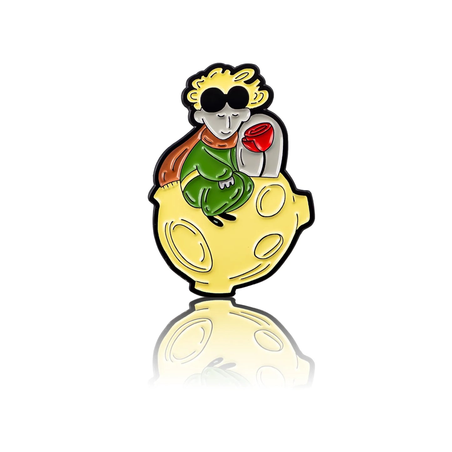 The character of the Little Prince sitting on the moon with a rose