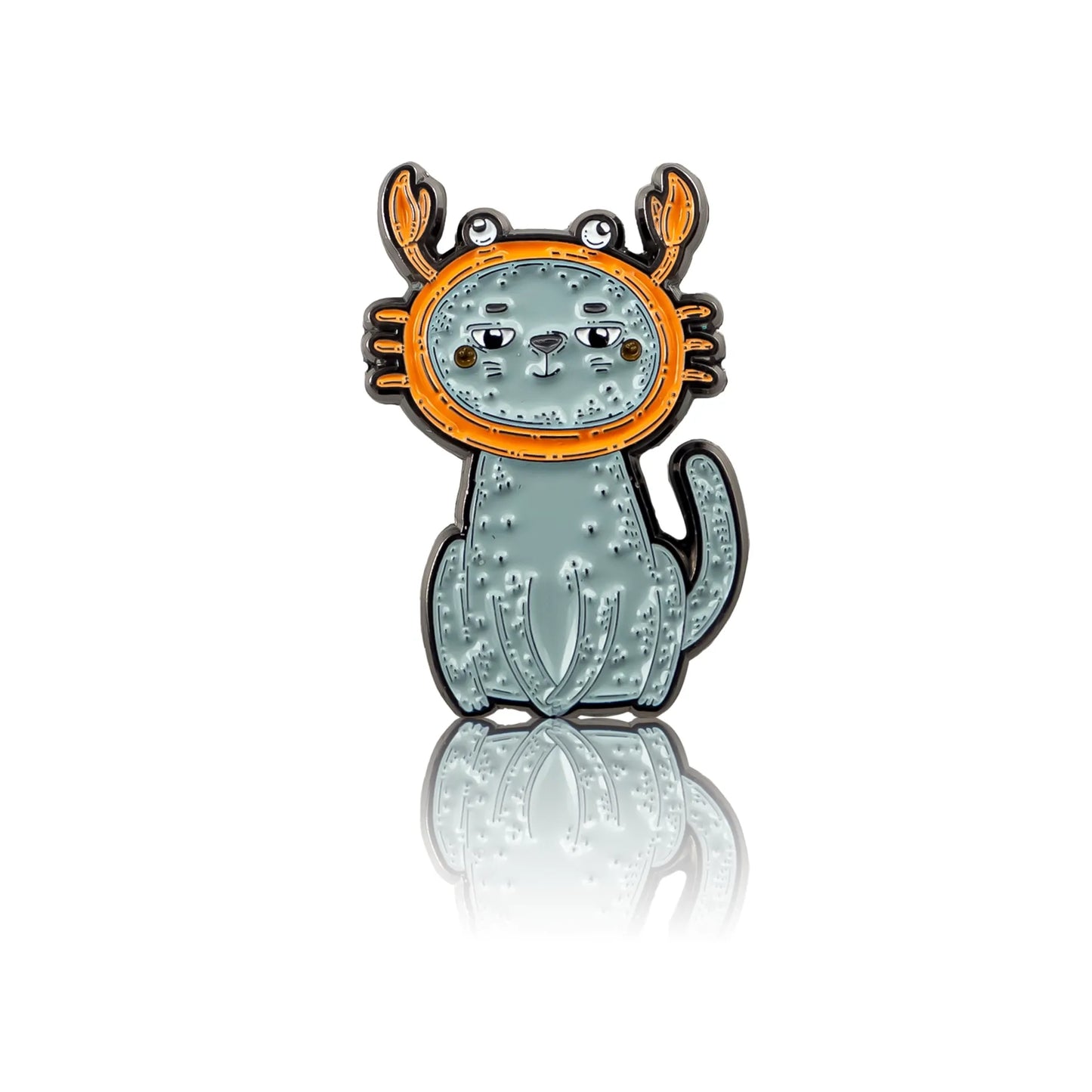 Grey kitten with a crab-shaped swimming mask enamel pin