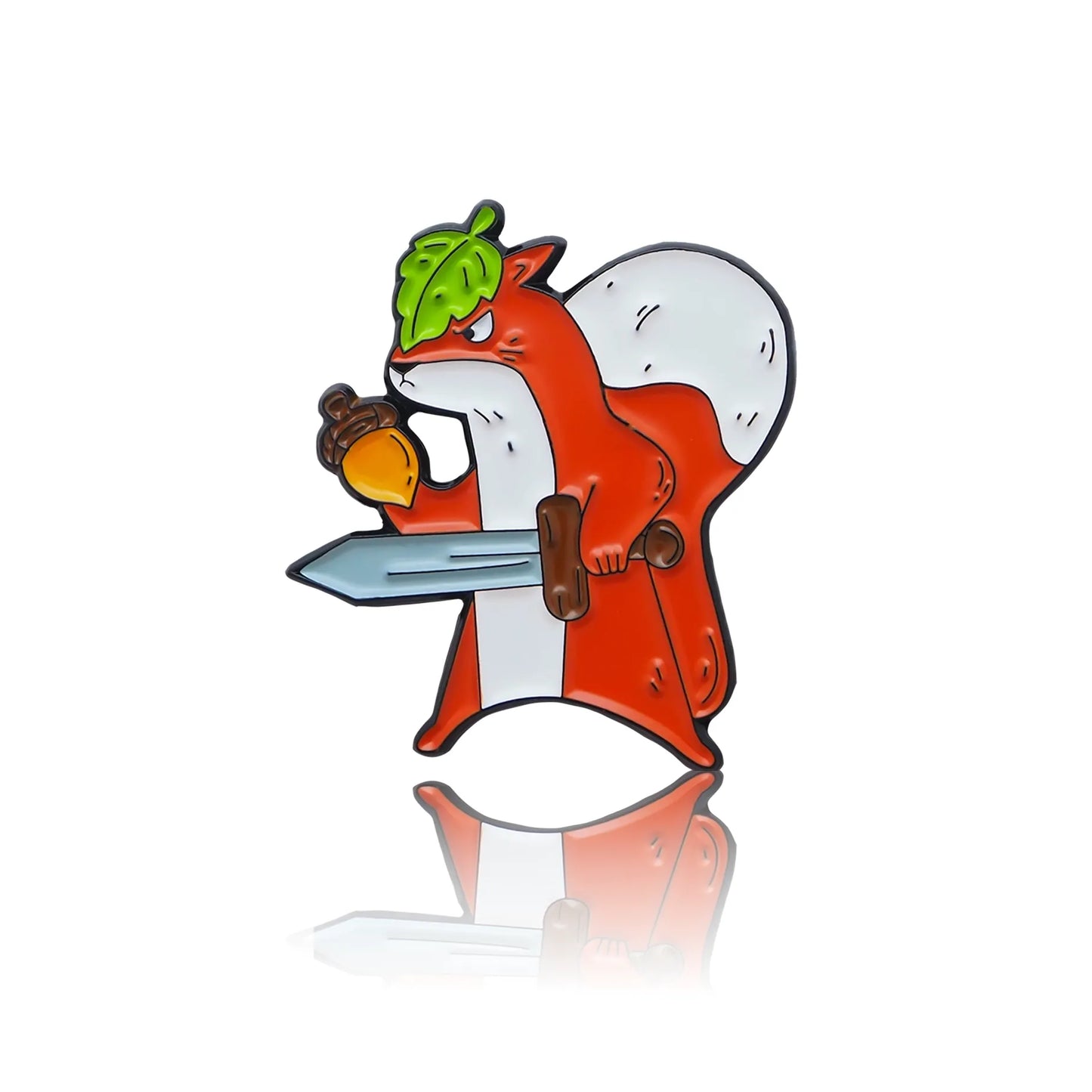 squirrel with a sword and an acorn in a knight's pose enamel pin