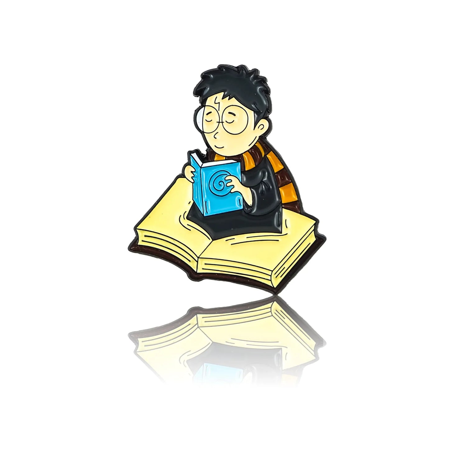 Harry Potter levitating on a book while reading a blue booklet