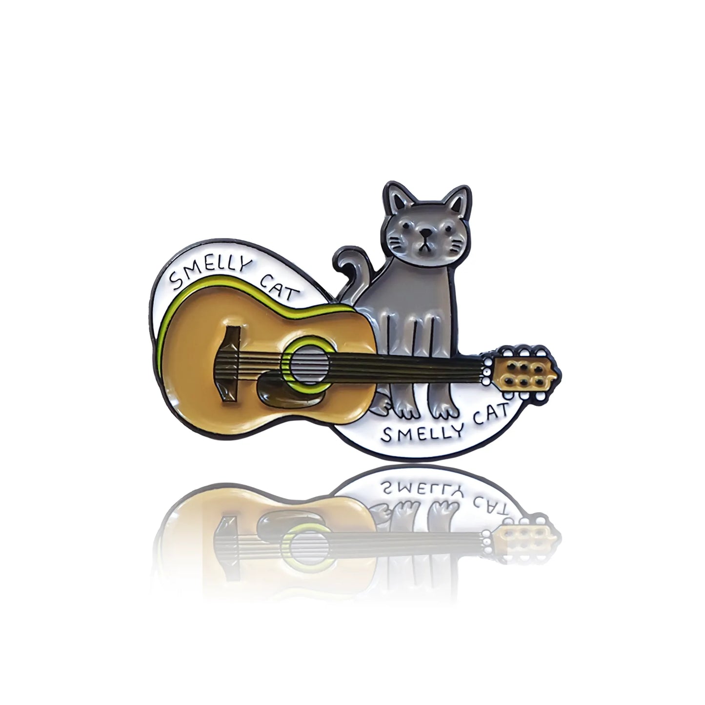 Gray cat from the TV show Friends next to a guitar with the words "Smelly cat"