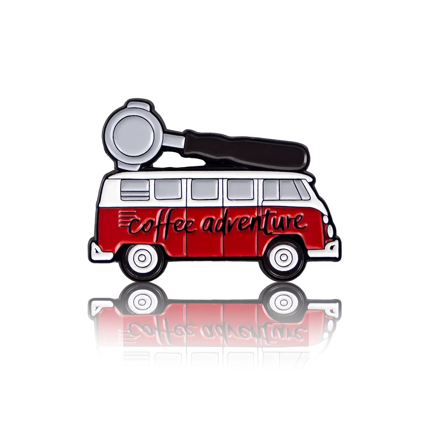 Red bus with text coffee adventure on it