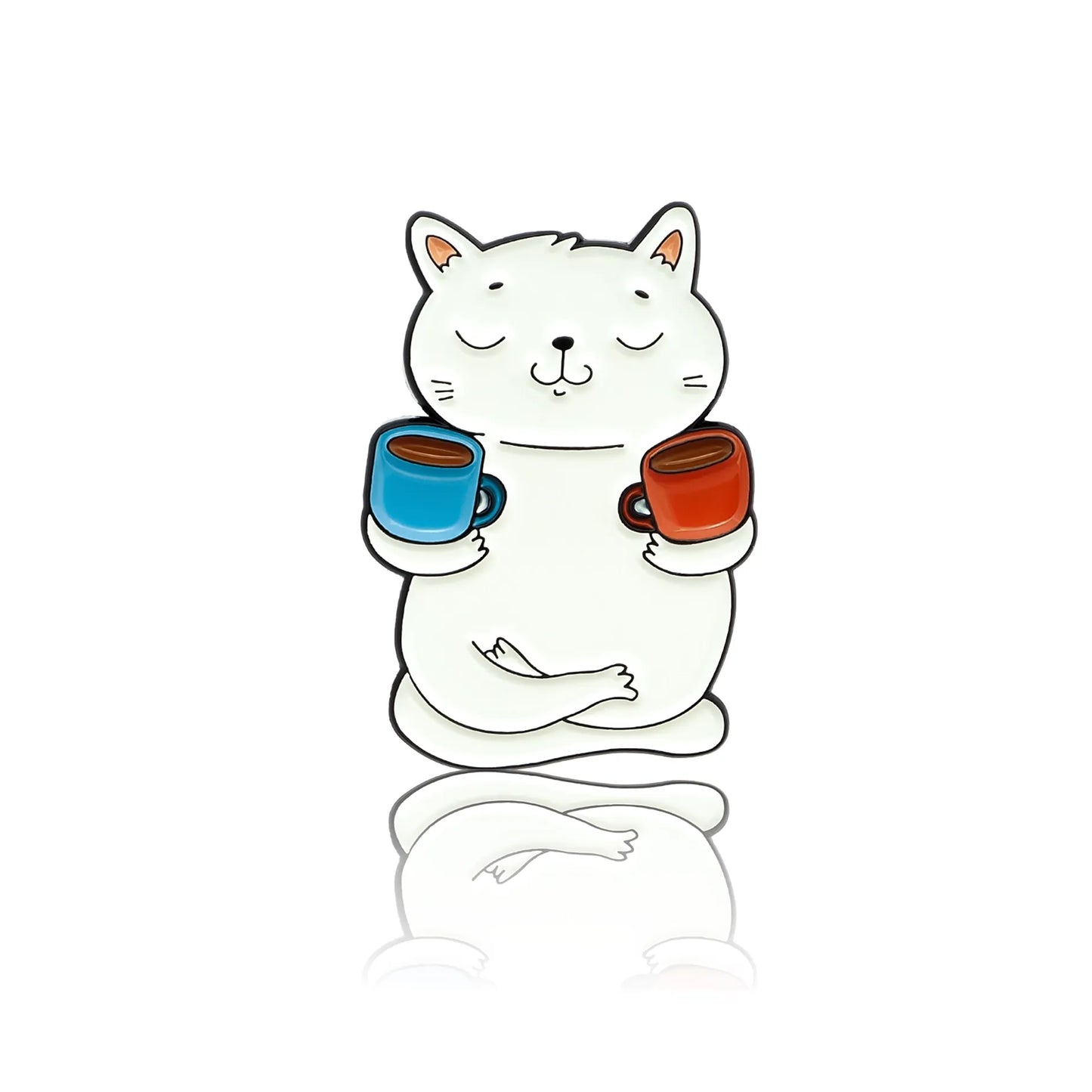 White kitty holding two coffee mugs, one red, the other blue