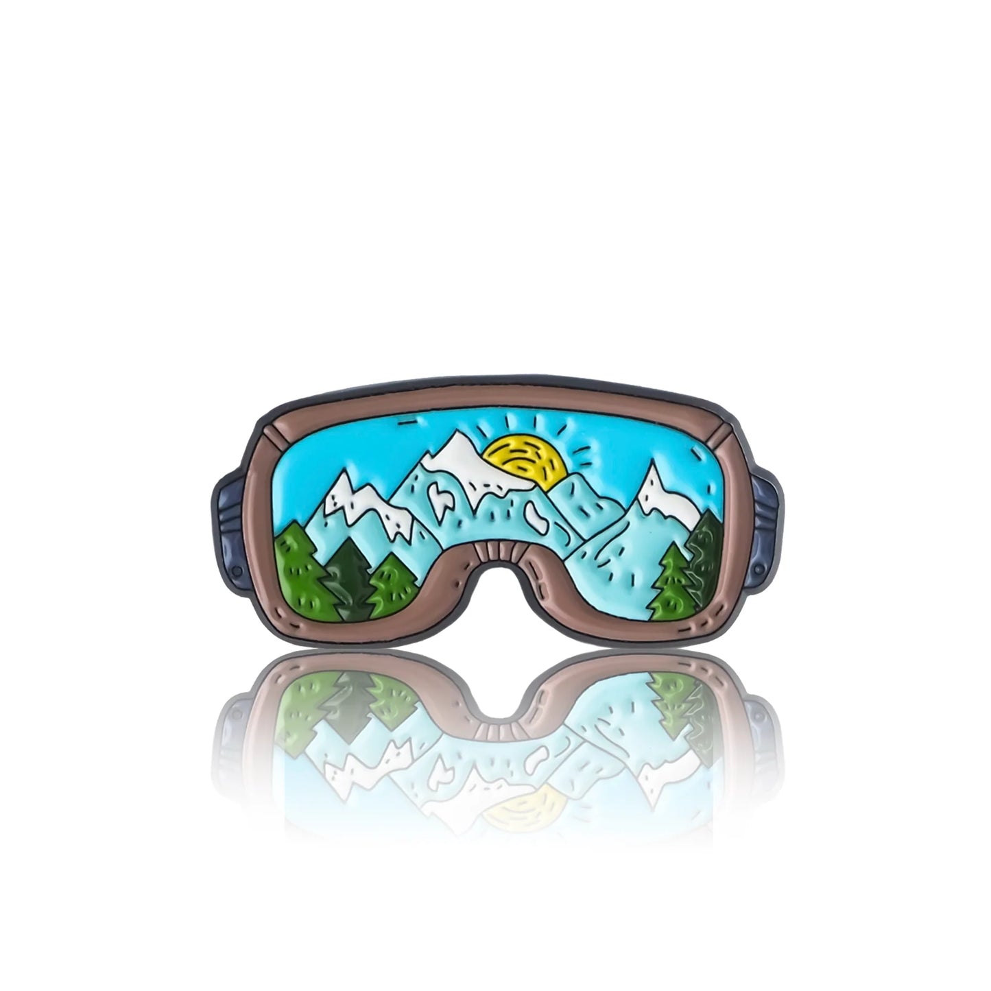 Enamel pin, mountain design in glasses.