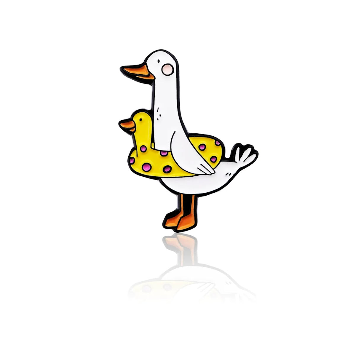 snow goose in a yellow polka-dot floatie