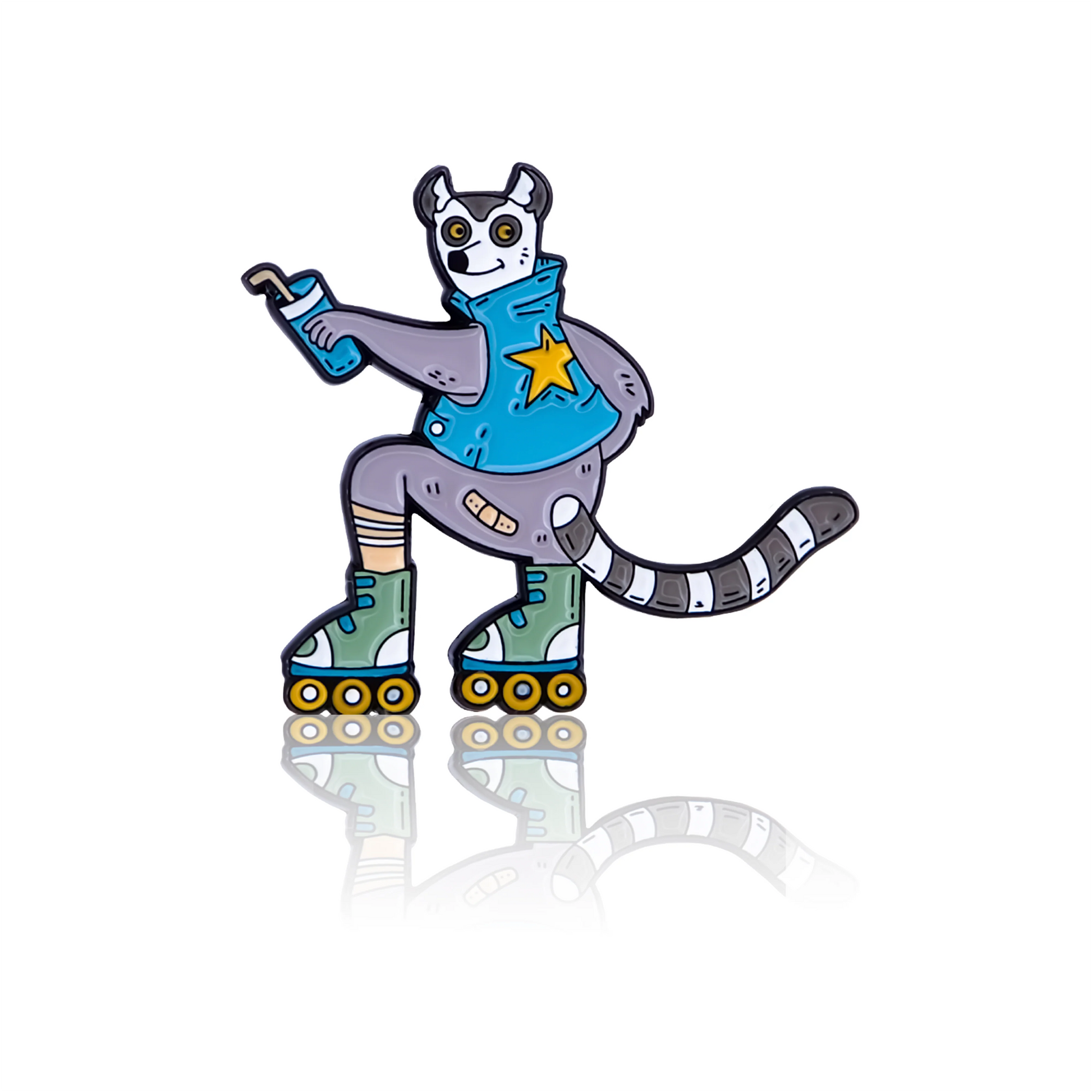 Enamel pin, rollerblading lemur design.