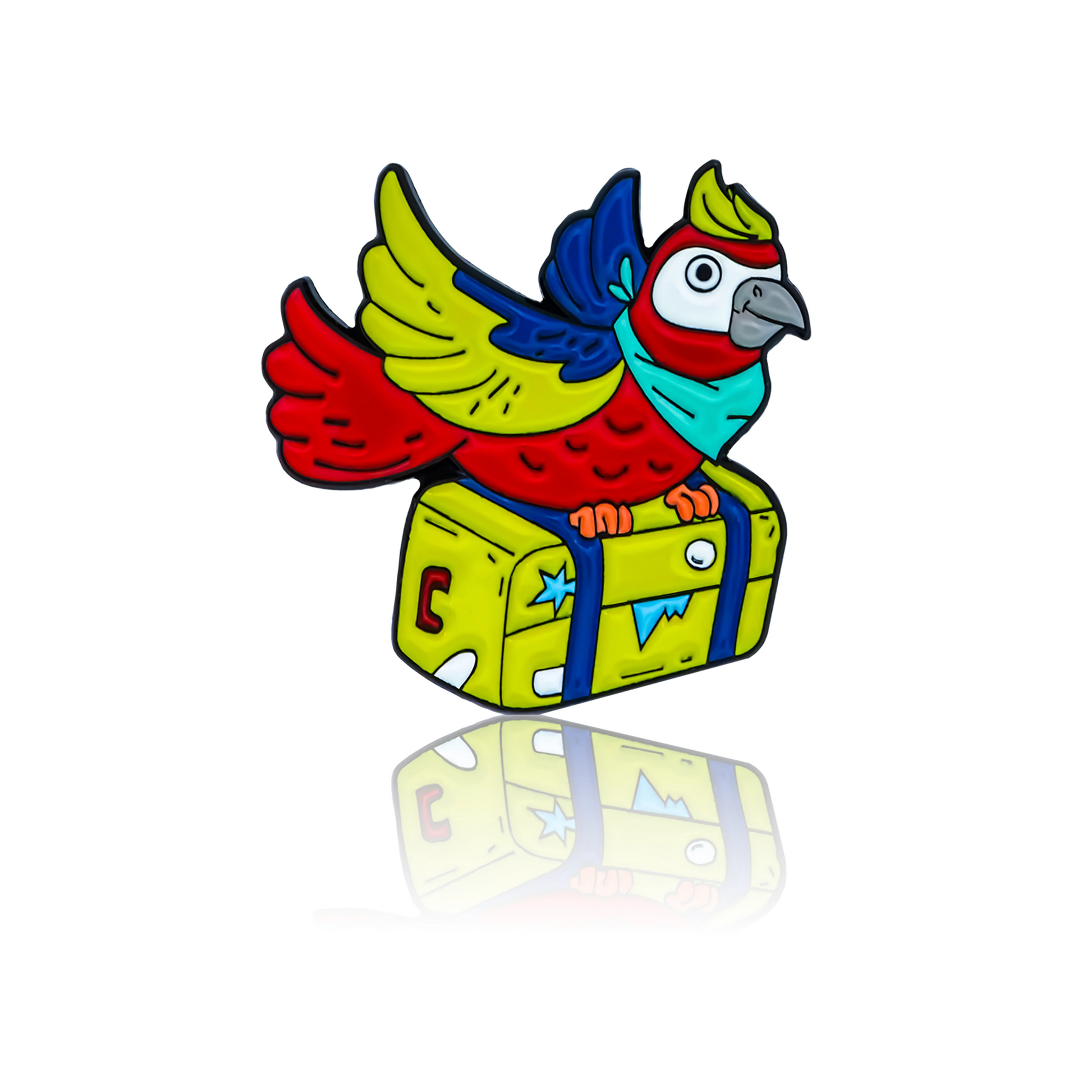 Enamel badge, parrot design with a suitcase.