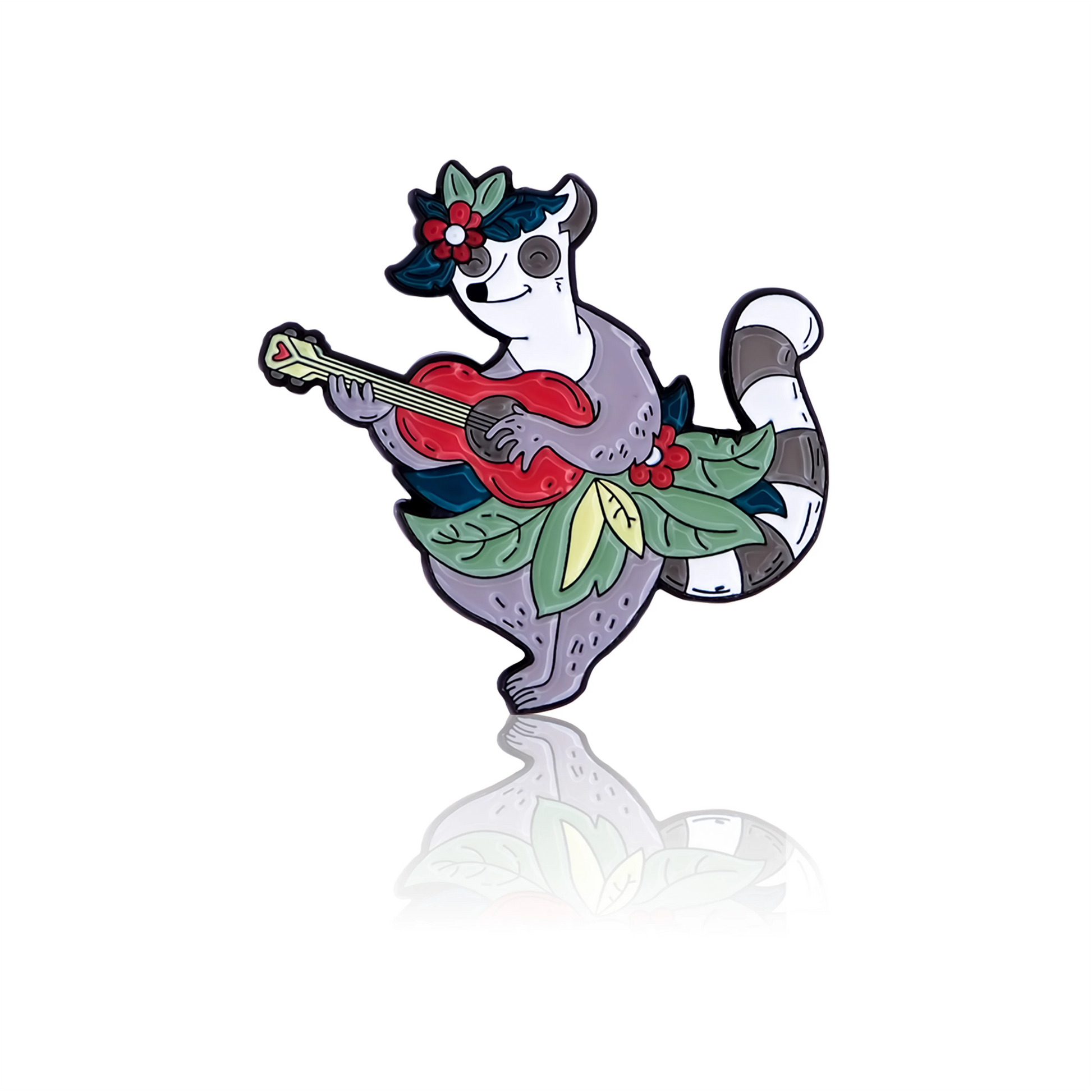 Enamel pin, lemurs with a guitar pattern.