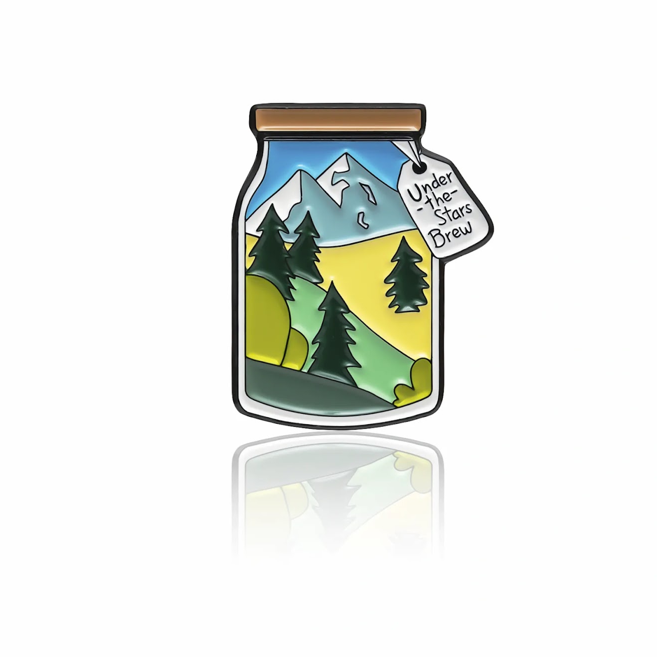 Mountain landscape enamel pin in jar shape with Under the Stars Brew tag 32mm by PINBOX