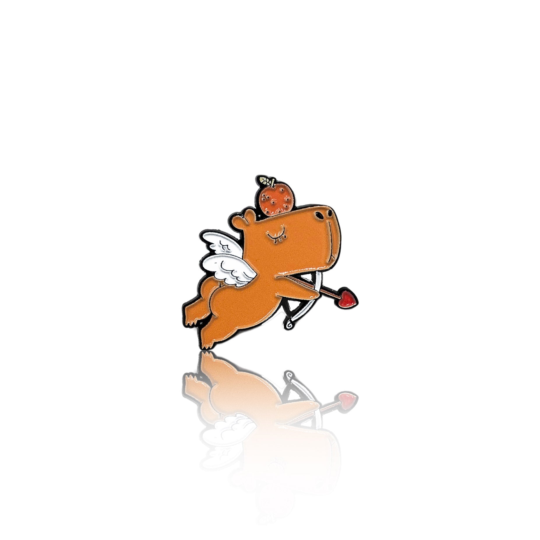 enamel pin features a flying capybara dressed as Cupid,