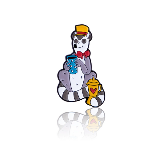 Enamel pin, lemur design with a coffee cup.