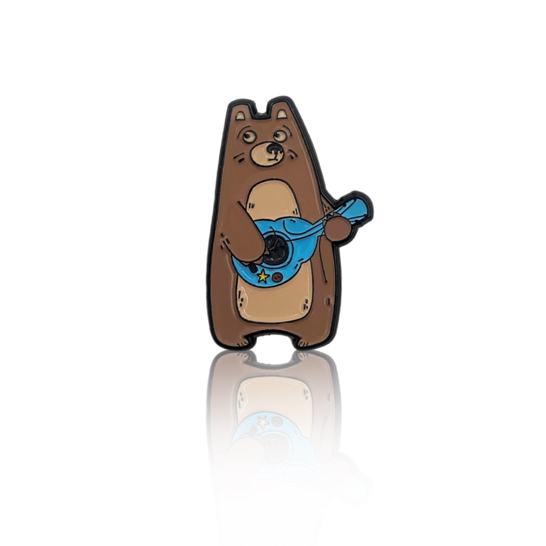 Bear the Bard enamel pin showing a cute bear playing a blue guitar, music-themed character pin on a white background