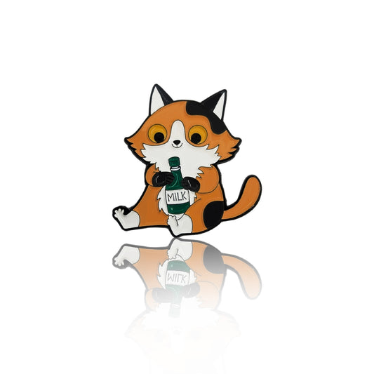 Orange and black cat enamel pin holding a milk bottle, shown on a clean white background